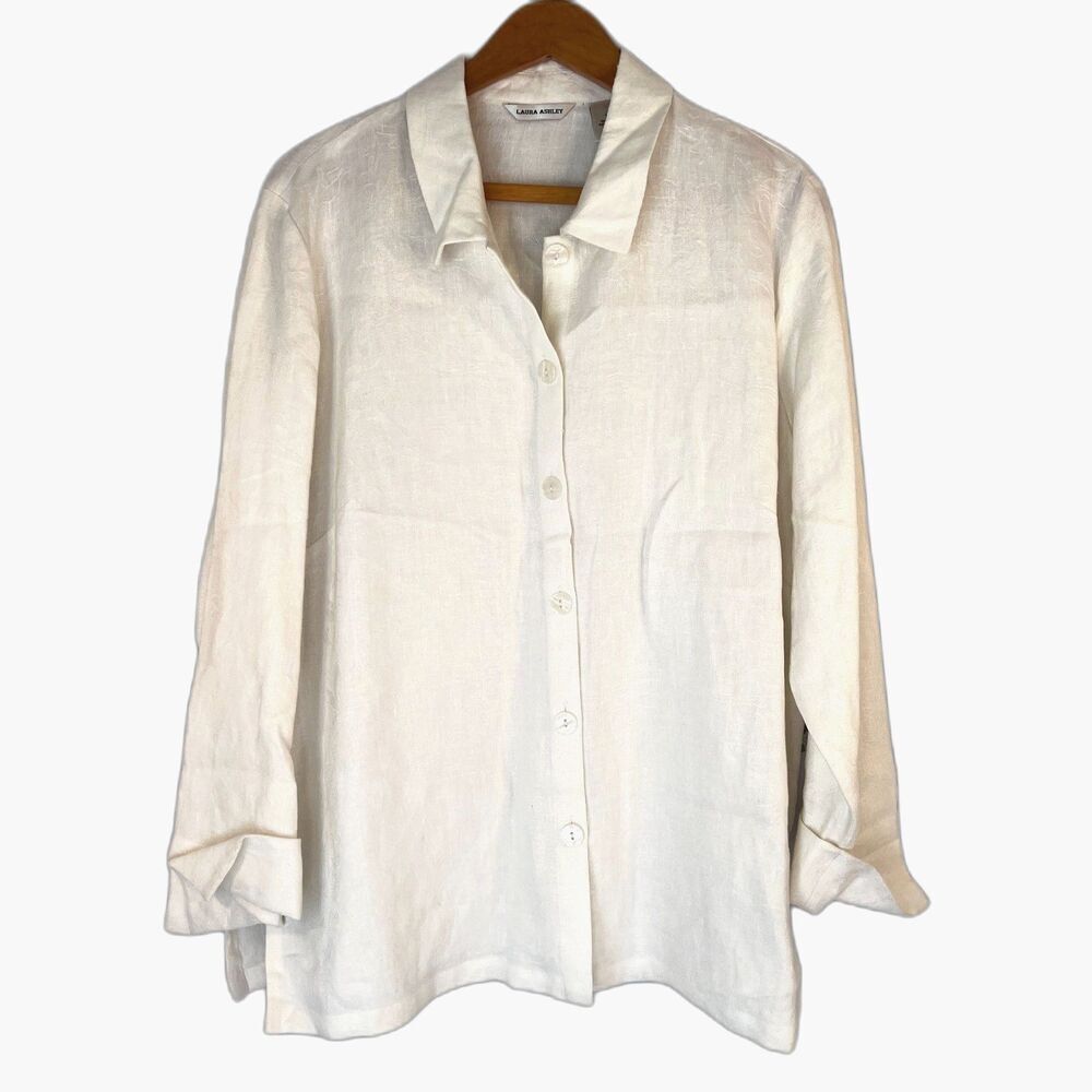 Laura Ashley NWT White Jacquard‎ 100% Linen Button Up Blouse Size Large Neutral